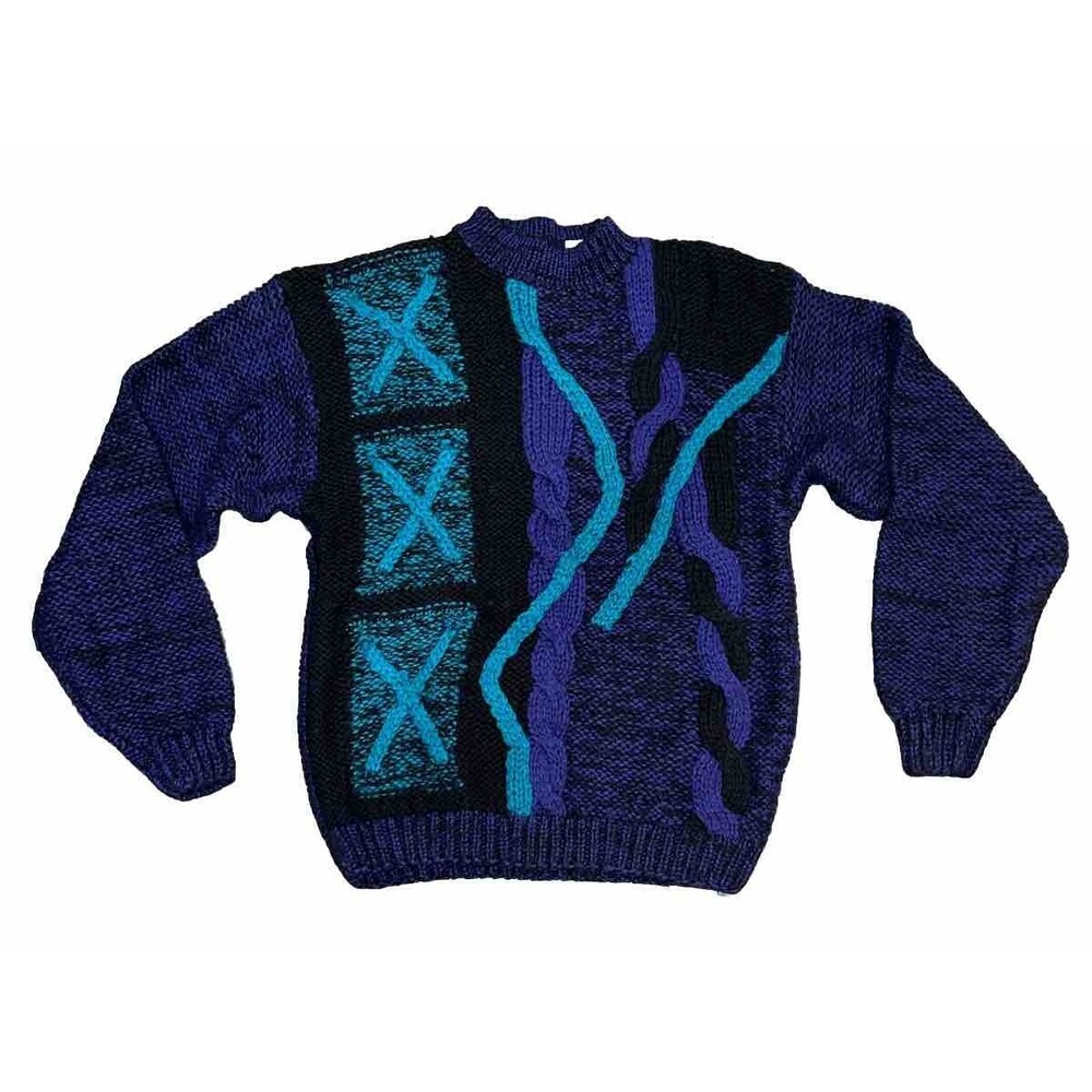 Vintage Retro City Streets 3D 90s Knit Acrylic Sweater Sz XL Unisex Purple Teal
